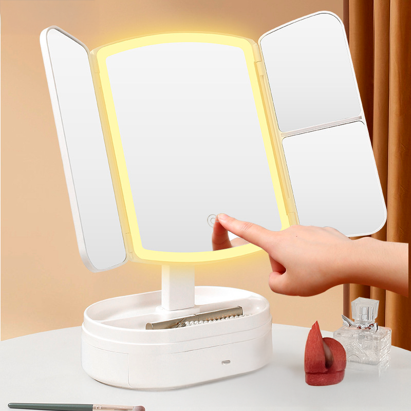 Потрійне косметичне дзеркало для макіяжу з LED підсвічуванням 609 Mirror та збільшенням складне поворотне сенсорне дзеркало з органайзером - мініатюра 2