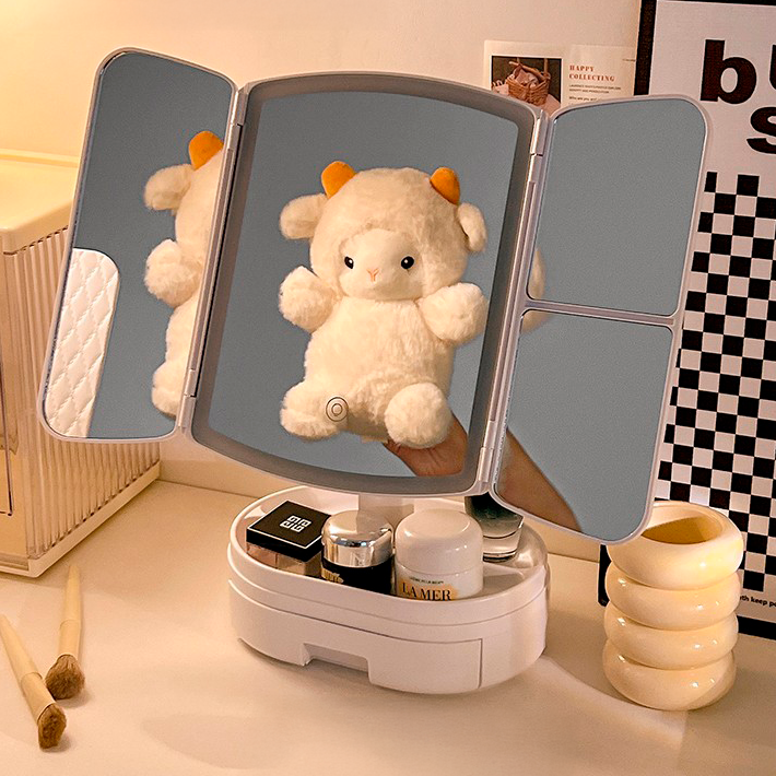 Потрійне косметичне дзеркало для макіяжу з LED підсвічуванням 609 Mirror та збільшенням складне поворотне сенсорне дзеркало з органайзером - мініатюра 3