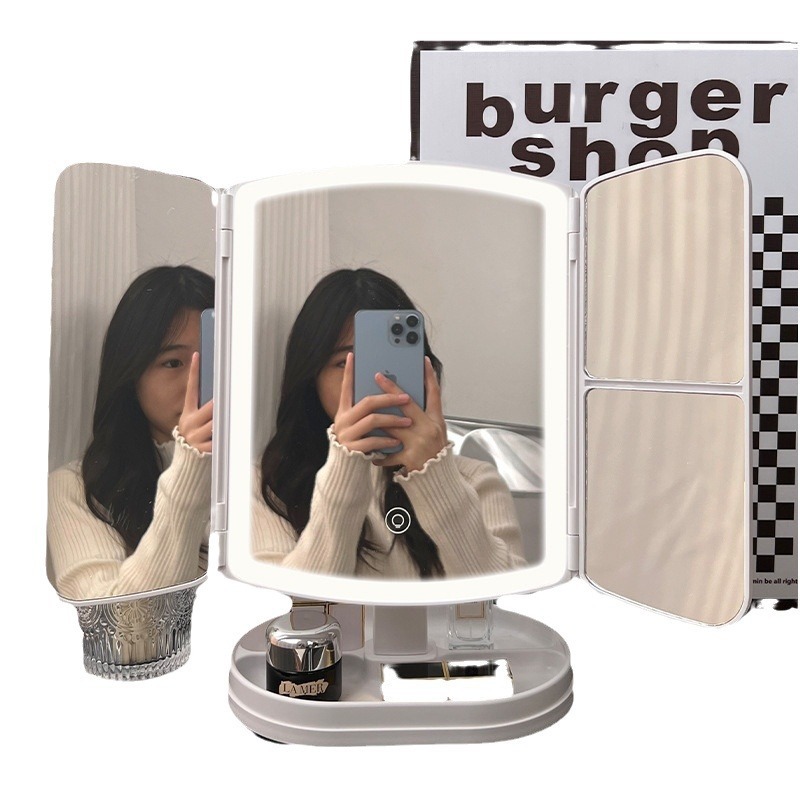 Потрійне косметичне дзеркало для макіяжу з LED підсвічуванням 609 Mirror та збільшенням складне поворотне сенсорне дзеркало з органайзером - мініатюра 5