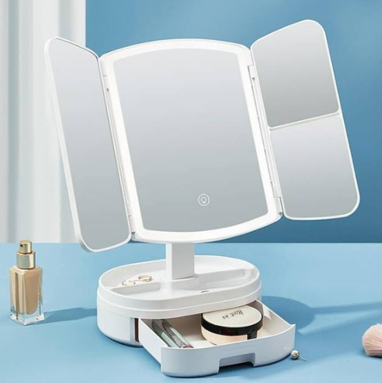 Потрійне косметичне дзеркало для макіяжу з LED підсвічуванням 609 Mirror та збільшенням складне поворотне сенсорне дзеркало з органайзером - мініатюра 7