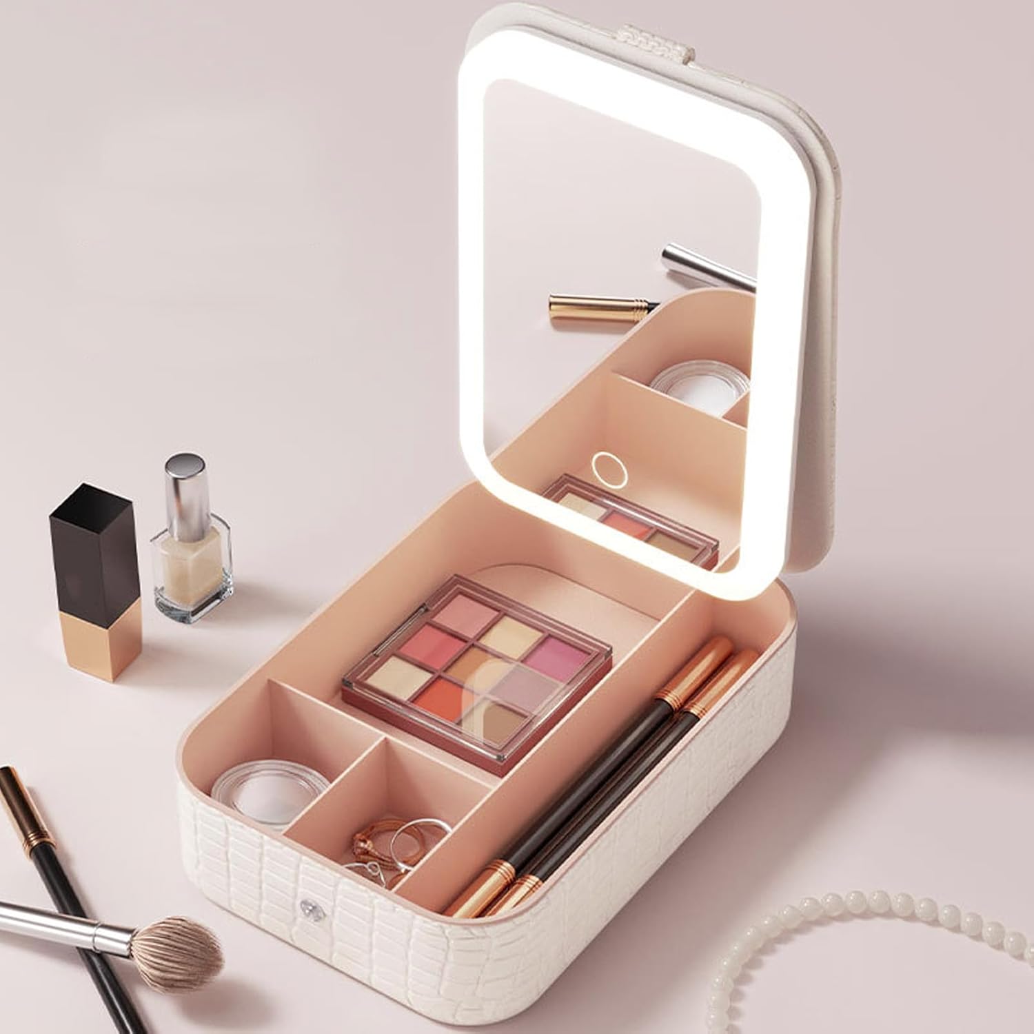 Косметичка з підсвіткою та дзеркалом для макіяжу • Дорожній органайзер 2 в 1 з акумулятором і LED-освітленням