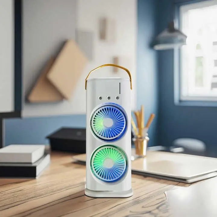 Настільний вентилятор 3 в 1 зі зволоженням, підсвічуванням і акумулятором 4000 мАг - Вентилятор подвійний - мініатюра 2