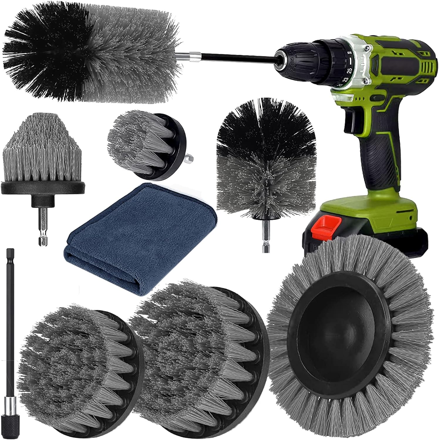 Насадки-щітки для дрилі та шуруповерта для чищення плитки, ванної, килимів і авто з подовжувачем і серветкою • Набір щіток на дриль для прибирання 8 в 1