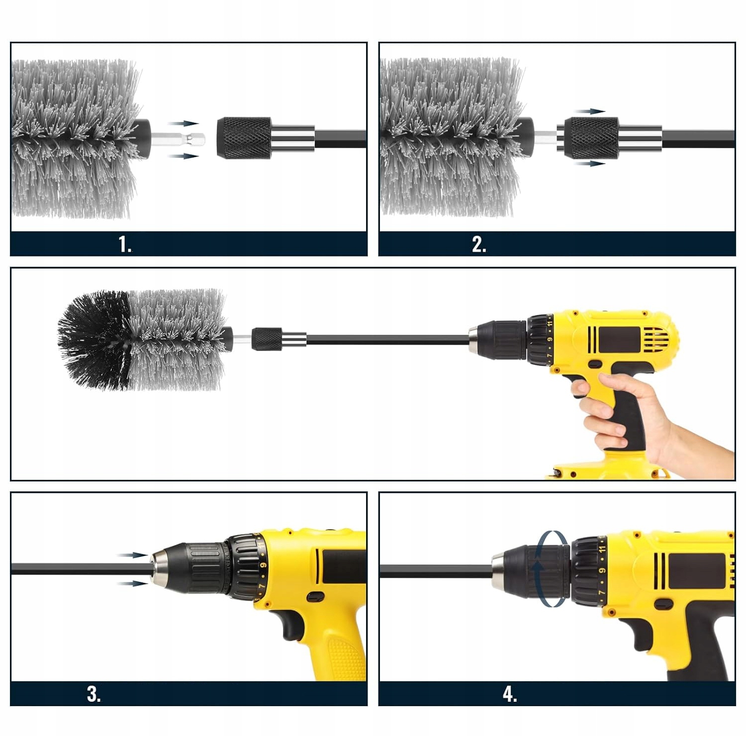Насадки-щітки для дрилі та шуруповерта для чищення плитки, ванної, килимів і авто з подовжувачем і серветкою - мініатюра 5