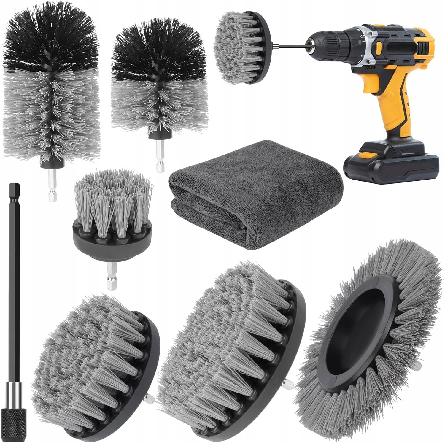Насадки-щітки для дрилі та шуруповерта для чищення плитки, ванної, килимів і авто з подовжувачем і серветкою - мініатюра 9