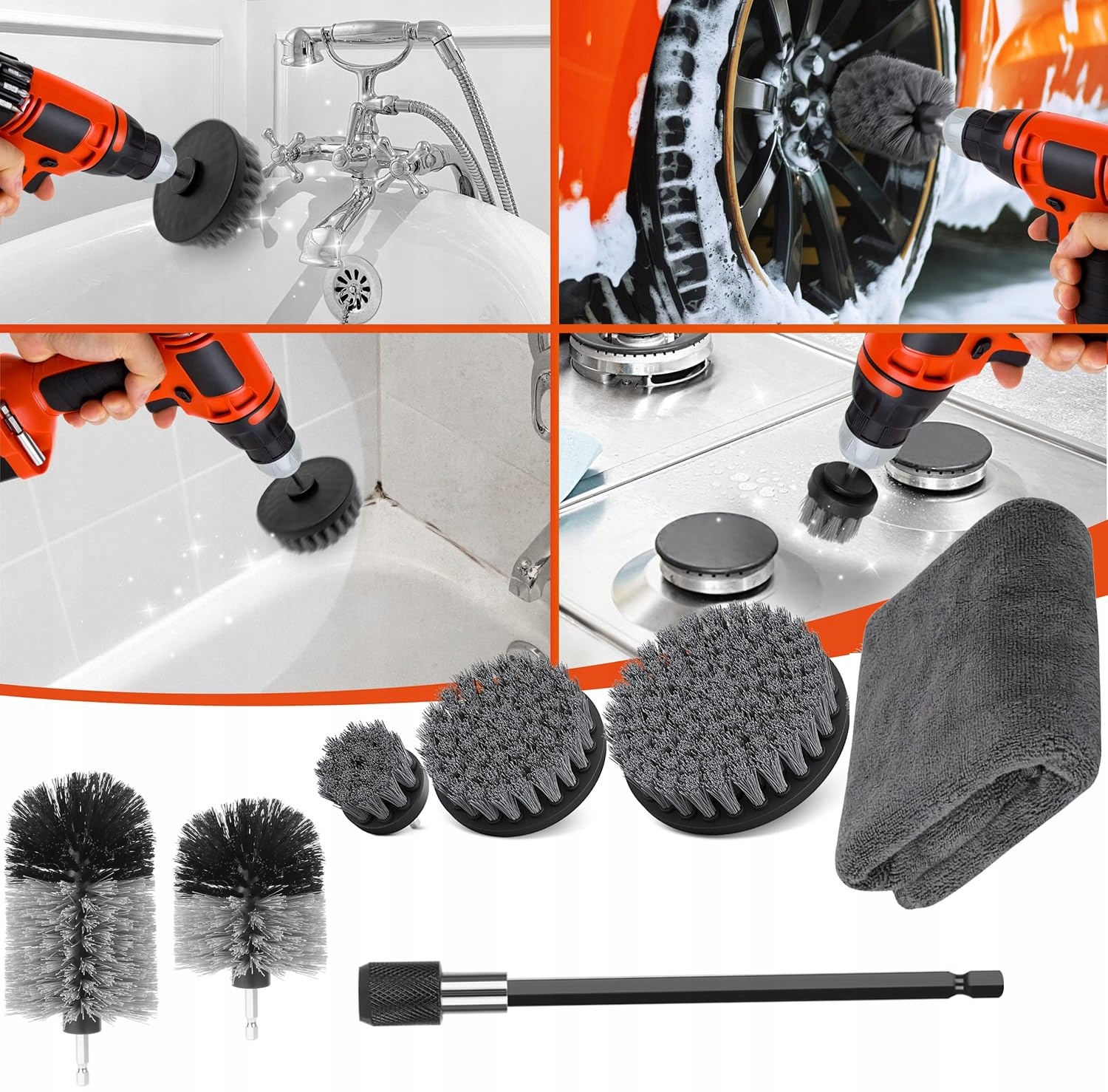 Насадки-щітки для дрилі та шуруповерта для чищення плитки, ванної, килимів і авто з подовжувачем і серветкою - мініатюра 10