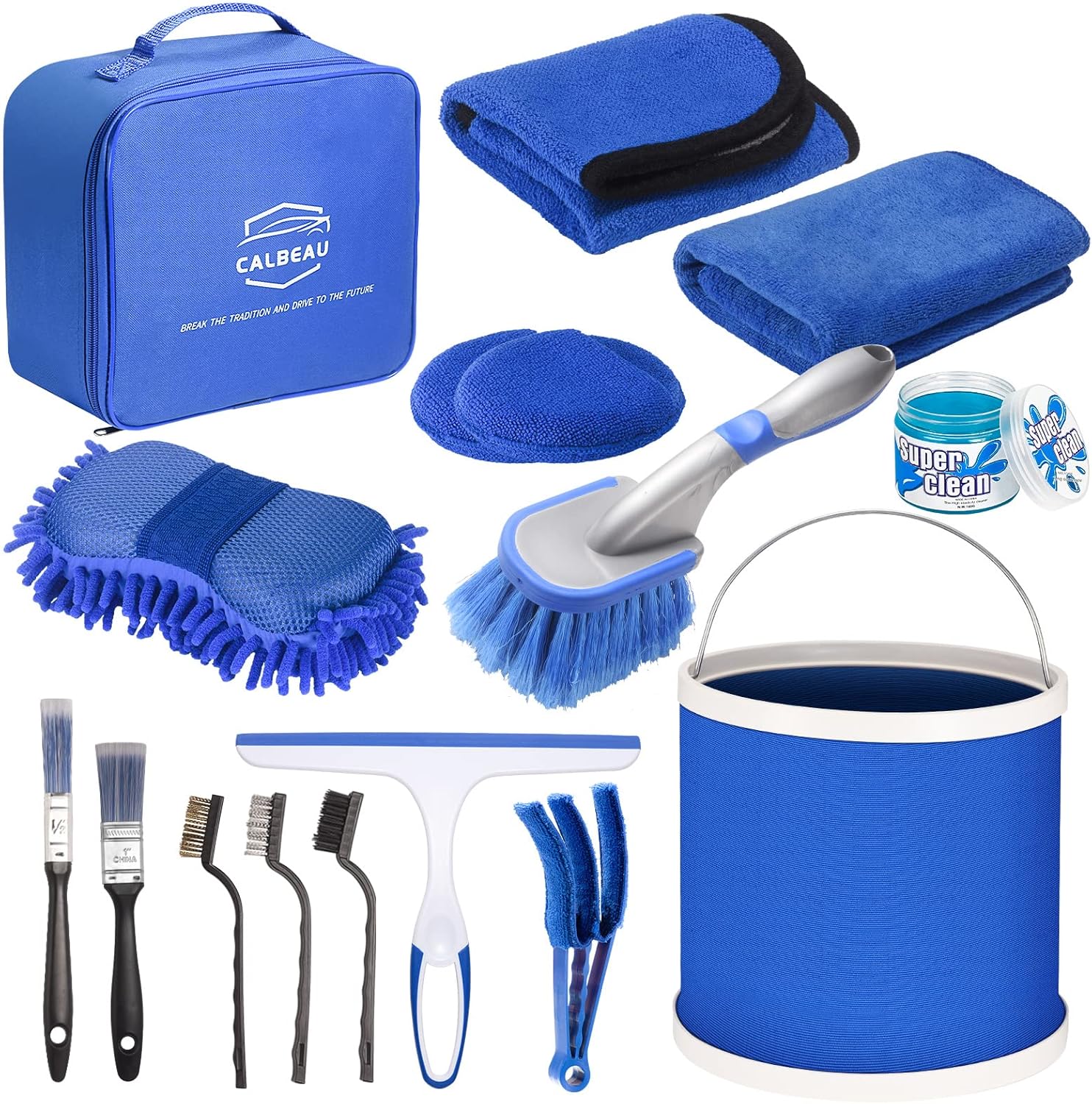 Набір для миття авто 16 в 1 з відром і щітками • Комплект для детейлінгу салону та кузова з мікрофіброю та аксесуарами в сумці