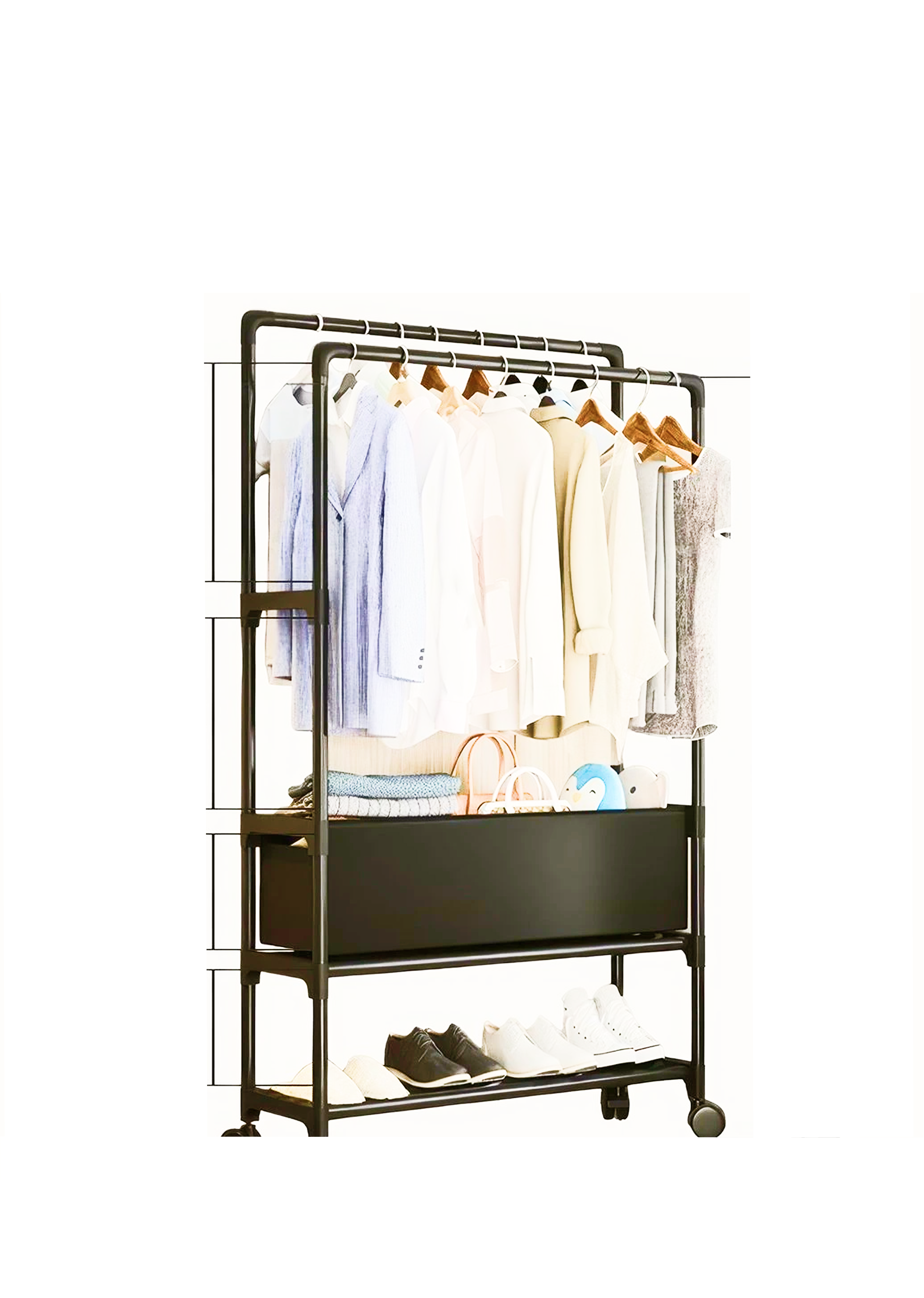 Стійка-вішалка на колесах для речей та взуття YH9918-3A • Телескопічна стійка для одягу з регульованою висотою