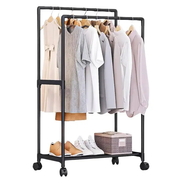 Cтойка-вішалка на коліщатках для речей та взуття (YH9918-1) • Універсальна пересувна стійка для одягу з полицею