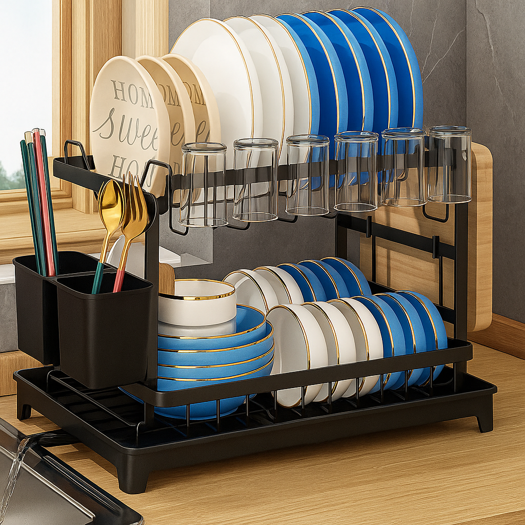 Двоярусна сушарка для посуду з піддоном і тримачем для столових приборів • Кухонний стелаж-органайзер для тарілок, чашок і ложок Kitchenware Rack