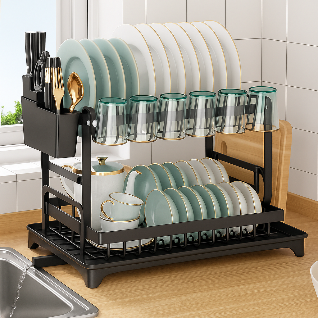 Двоярусна сушарка для посуду з піддоном і тримачем для столових приборів - мініатюра 8