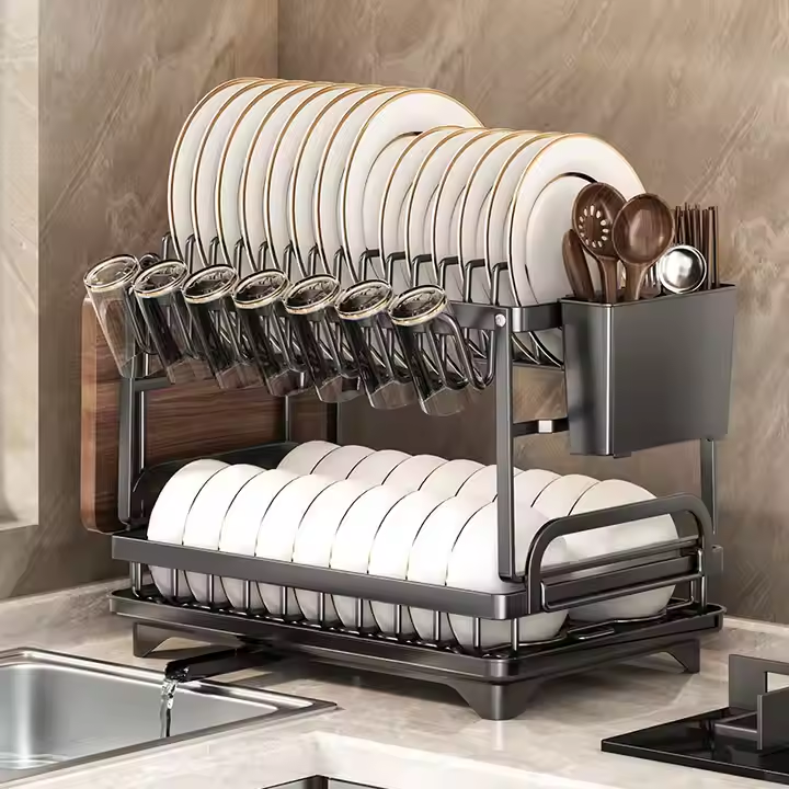 Двоярусна сушарка для посуду з піддоном і тримачем для столових приборів - мініатюра 10