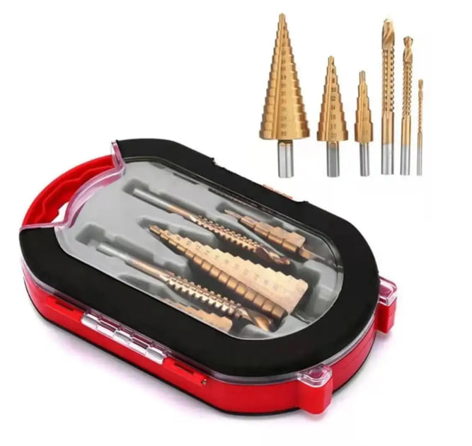 Набір ступінчастих свердел по металу з титановим покриттям у кейсі • Портативний набір з 6 свердел