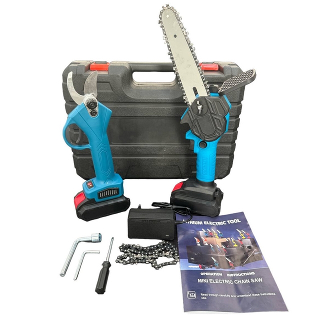 Набір 2 в 1 акумуляторна міні-ланцюгова пила 6 дюймів та акумуляторний секатор з 2-ма акумуляторами 24 В у кейсі • Акумуляторна міні-пила та секатор