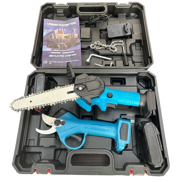 Набір 2 в 1 акумуляторна міні-ланцюгова пила 6 дюймів та акумуляторний секатор з 2-ма акумуляторами 24 В у кейсі - мініатюра 3