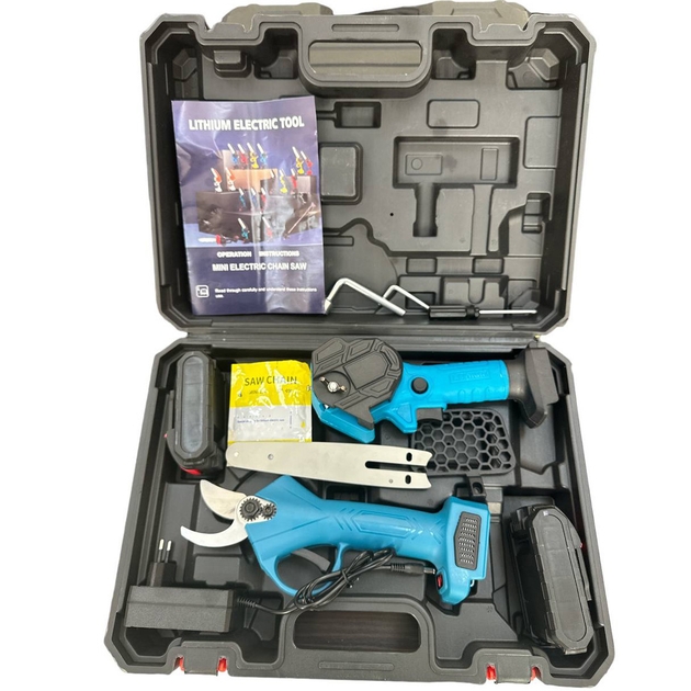 Набір 2 в 1 акумуляторна міні-ланцюгова пила 6 дюймів та акумуляторний секатор з 2-ма акумуляторами 24 В у кейсі - мініатюра 4