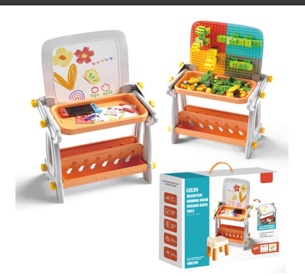 Дитячий стіл B8020 магнітна дошка для малювання конструктор з блоків • Розвивальний набір стіл мольберт магнітна дошка і конструктор 4 в 1