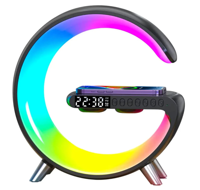 Нічник акумуляторний з годинником G63 Smart Light Sound Machine BLACK • Лампа-колонка з бездротовою зарядкою, Bluetooth та будильником