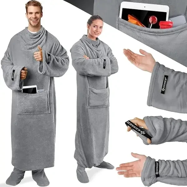 Плед-халат довгий з кишенями з м'якого поліестеру Owersize • Худі довгий (плед-кофта)