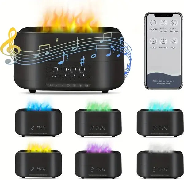 Зволожувач повітря ультразвуковий з ефектом полум’я та Bluetooth колонкою • Настільний зволожувач з LED годинником та будильником для дому та дитячої кімнати