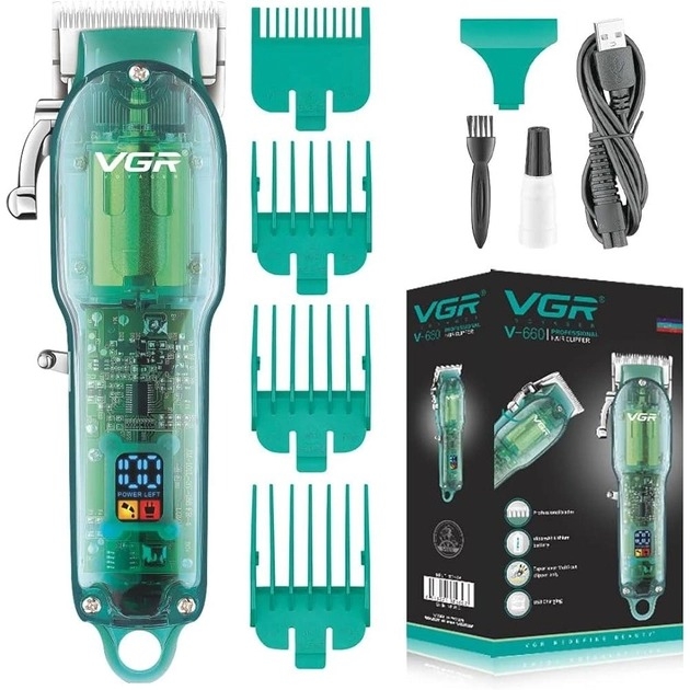 Професійна машинка для стрижки V-660 Professional Clipper Transparent Green • Акумуляторна машинка для волосся VGR V-660