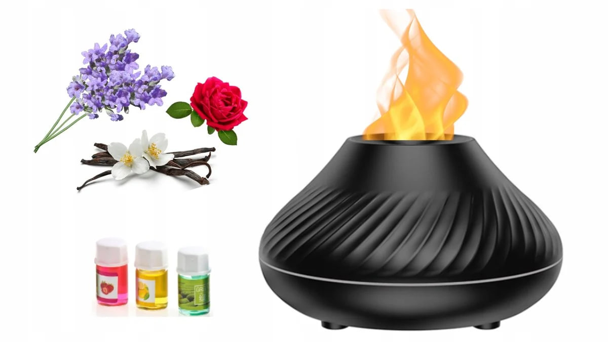 Ароматичний дифузор ефірних олій з RGB-підсвічуванням і імітацією полум’я • Зволожувач повітря з ефектом вогню 130 мл