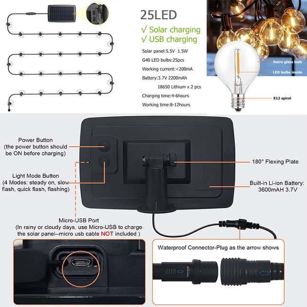 Садова гірлянда довжиною 10 метрів з 20 світлодіодами та сонячною батареєю - мініатюра 6