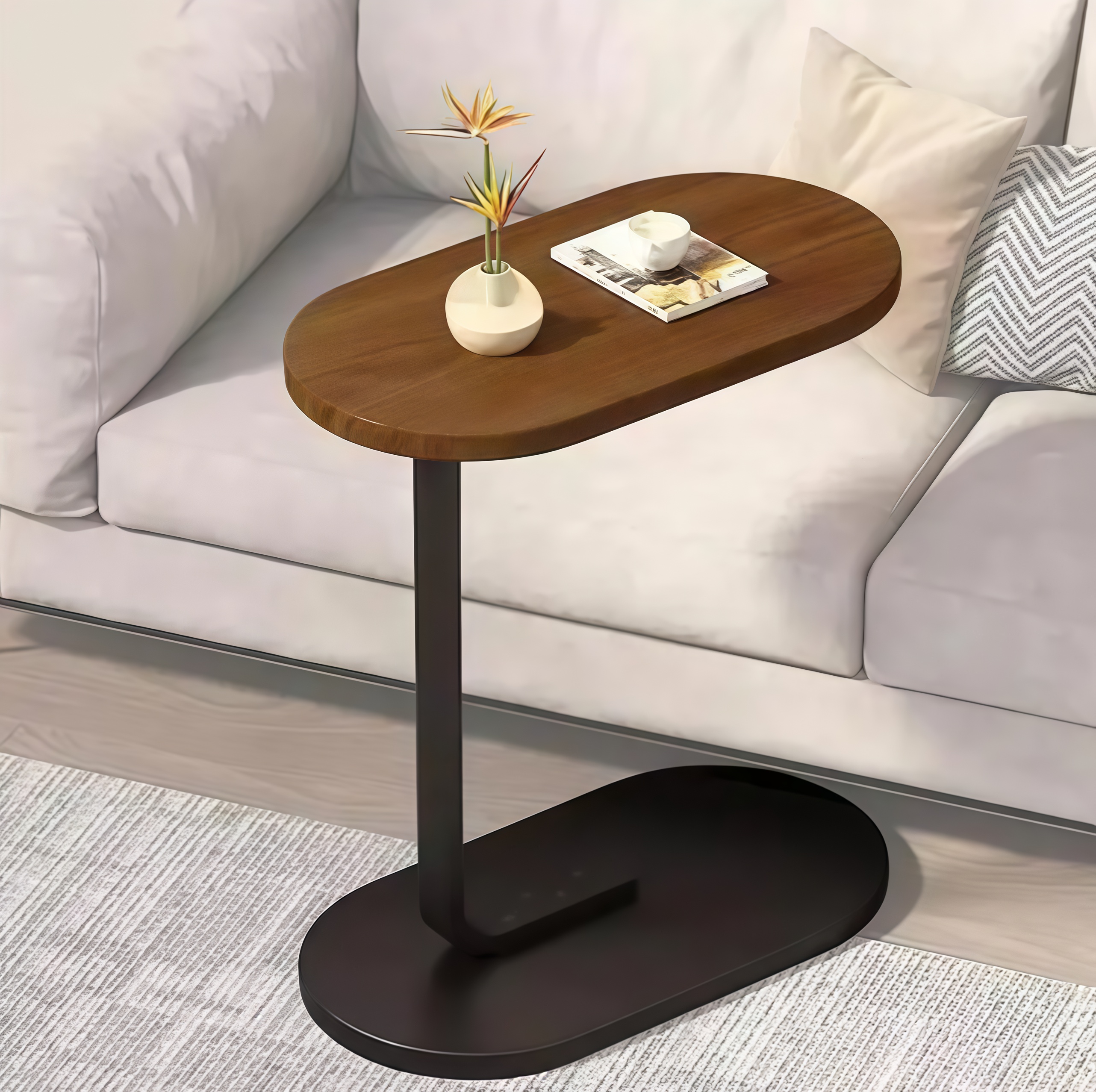 Приліжковий столик D-03 із дерев’яною стільницею та металевою основою 30×45×63 ∙ Наддиванний овальний стіл із цільною стільницею 64225 - мініатюра 6