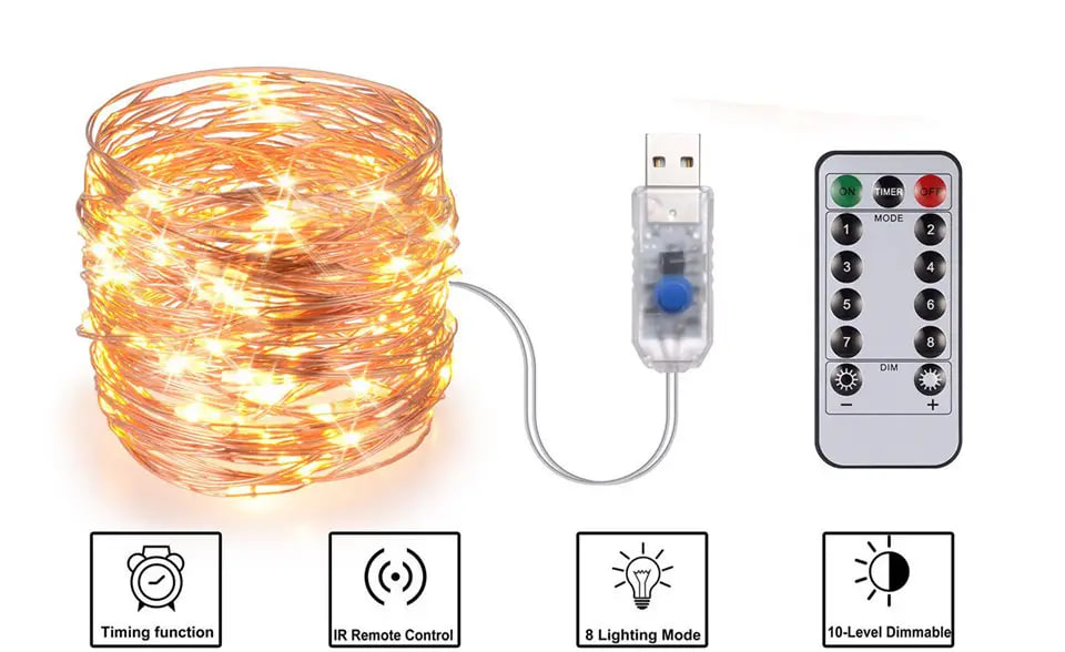 Світлодіодна гірлянда Роса USB 2 метри з пультом дистанційного управління ∙ Гірлянда мідна проволока 200LED 2M USB XL-76-20 - мініатюра 2