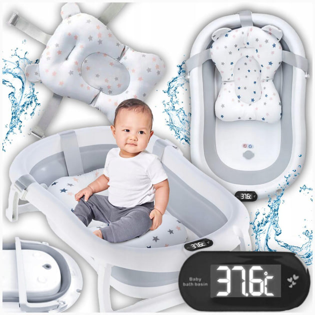 Дитяча ванночка Kanzaa складна з подушкою та вбудованим термометром ∙ Складна силіконова ванночка з термометром Kanzaa