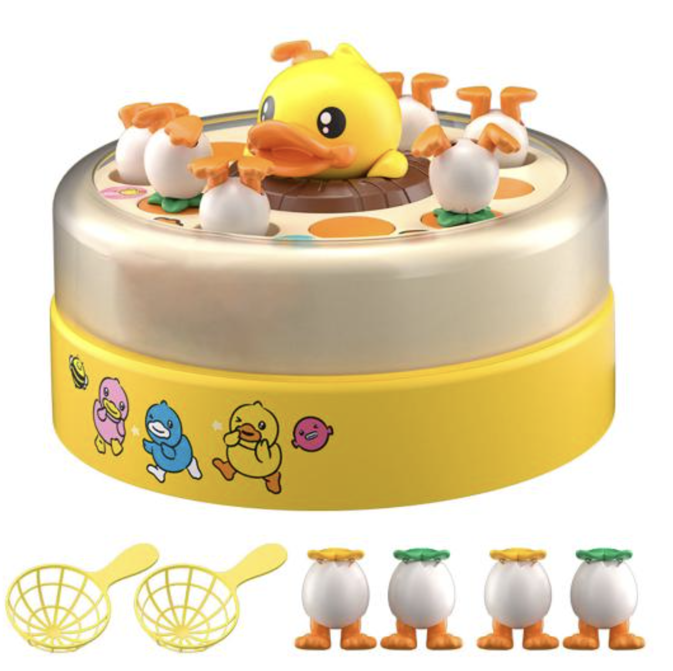 Дитяча іграшка B.Duck and Friends Стрибаюча жовта качечка ∙ Музична карусель B.Duck and Friends — злови качку з вистрибуючими каченятами та 2 сачками