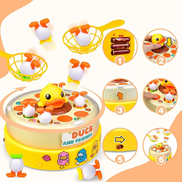 Дитяча іграшка B.Duck and Friends Стрибаюча жовта качечка ∙ Музична карусель B.Duck and Friends — злови качку з вистрибуючими каченятами та 2 сачками - мініатюра 4