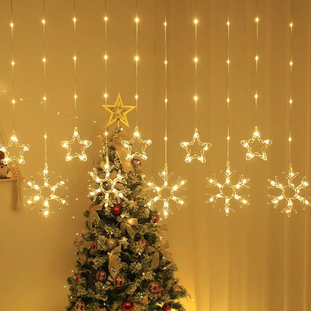 Гірлянда-штора SF-41 Зірки та Сніжинки 3×0,9 м USB тепле світло ∙ Світлодіодна штора SF-41 з фігурами зірок і сніжинок пульт ДУ - мініатюра 2