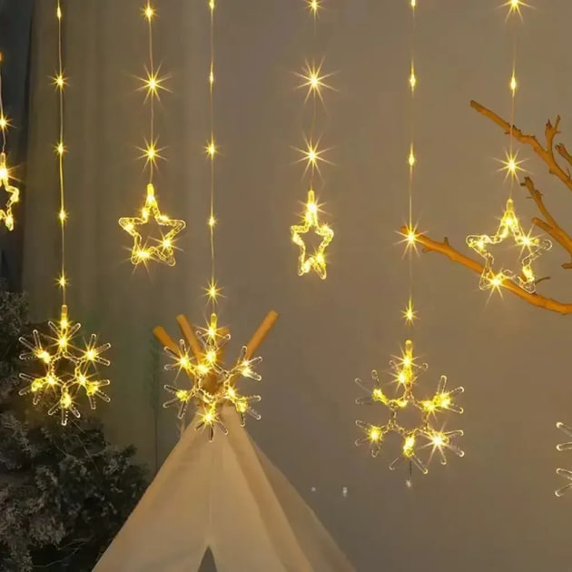 Гірлянда-штора SF-41 Зірки та Сніжинки 3×0,9 м USB тепле світло ∙ Світлодіодна штора SF-41 з фігурами зірок і сніжинок пульт ДУ - мініатюра 4