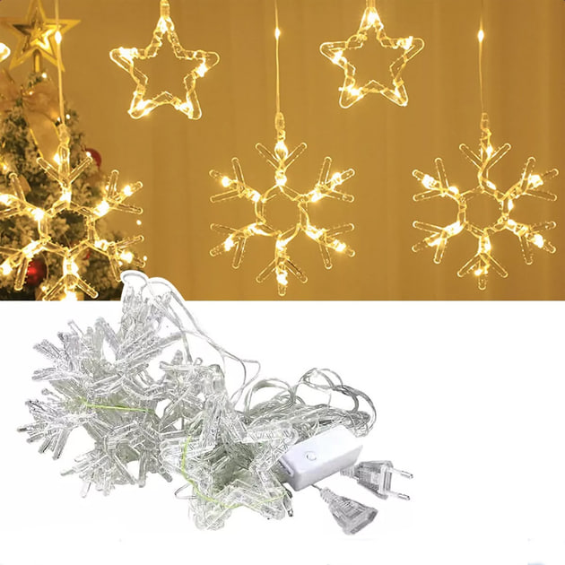 Гірлянда-штора SF-41 Зірки та Сніжинки 3×0,9 м USB тепле світло ∙ Світлодіодна штора SF-41 з фігурами зірок і сніжинок пульт ДУ - мініатюра 5