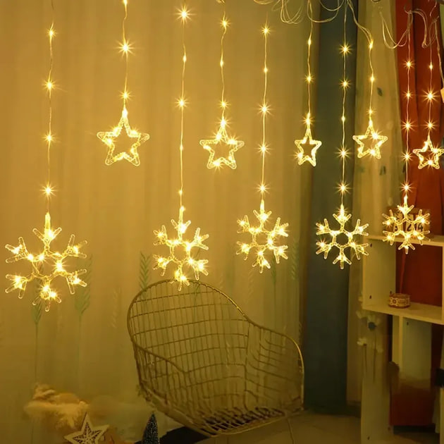 Гірлянда-штора SF-41 Зірки та Сніжинки 3×0,9 м USB тепле світло ∙ Світлодіодна штора SF-41 з фігурами зірок і сніжинок пульт ДУ - мініатюра 6