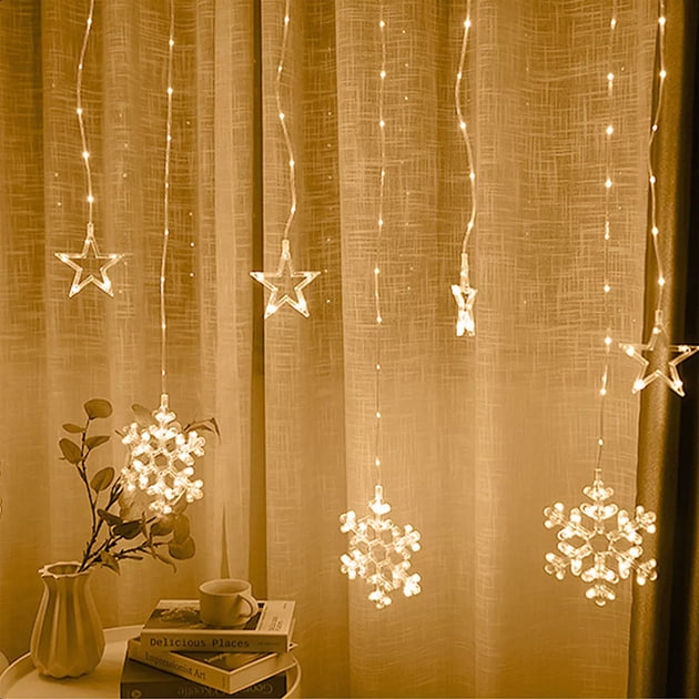 Гірлянда-штора SF-41 Зірки та Сніжинки 3×0,9 м USB тепле світло ∙ Світлодіодна штора SF-41 з фігурами зірок і сніжинок пульт ДУ - мініатюра 8