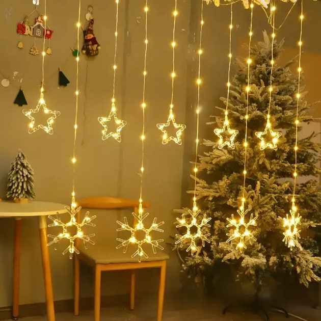 Гірлянда-штора SF-41 Зірки та Сніжинки 3×0,9 м USB тепле світло ∙ Світлодіодна штора SF-41 з фігурами зірок і сніжинок пульт ДУ - мініатюра 9