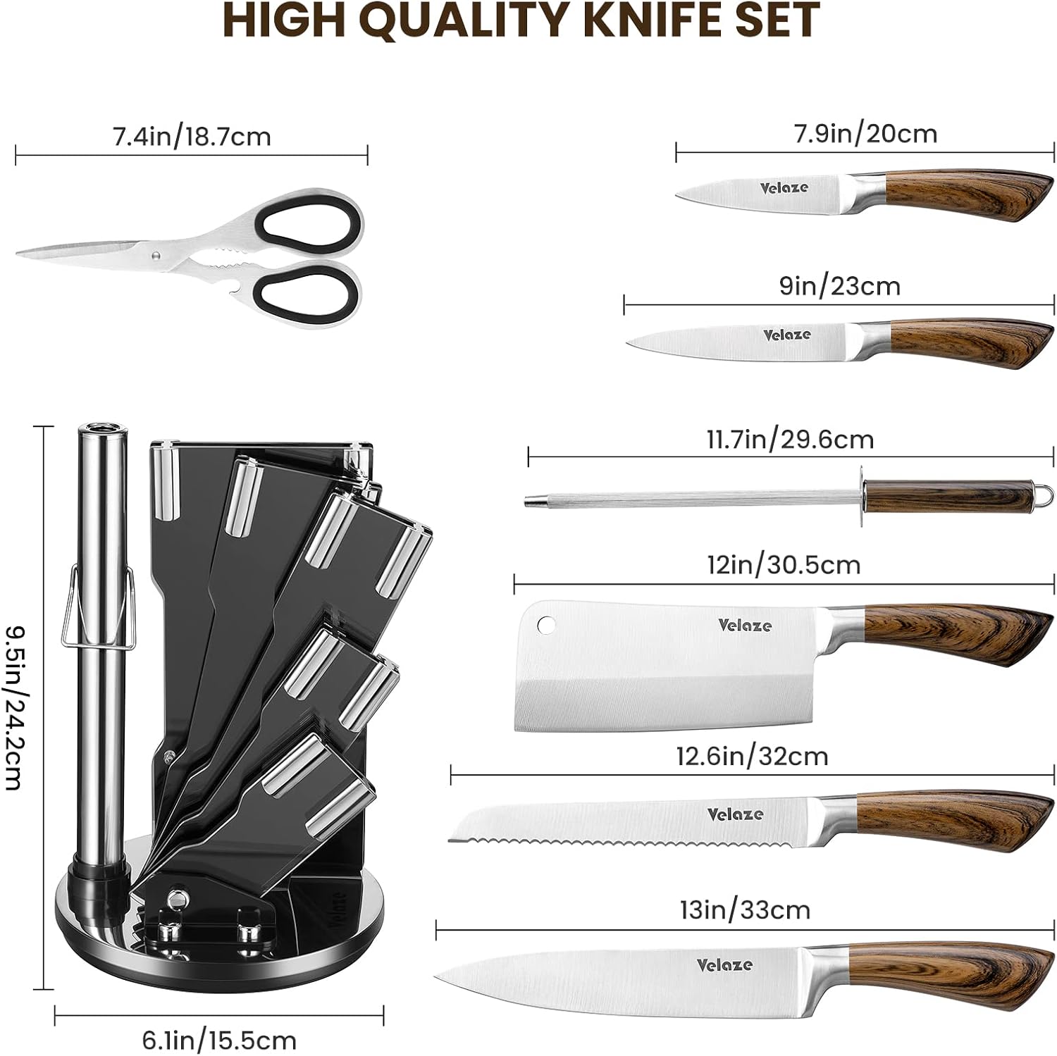 Комплект ножів Unique UN-1833 для кухні 9 шт нержавіюча сталь на підставці ∙ Набір кухонних ножів UNIQUE UN-1833 - мініатюра 4