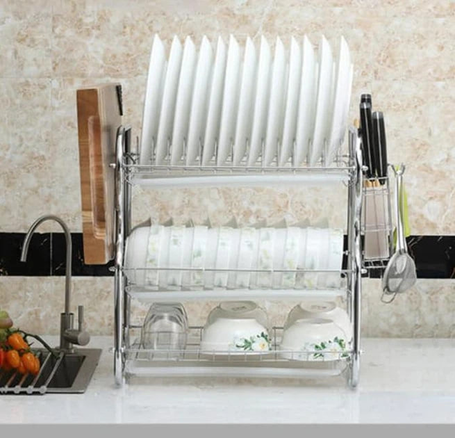 Потрійна сушарка для посуду настільна з нержавіючої сталі ∙ Сушка-органайзер для посуду, приборів і чашок - мініатюра 2