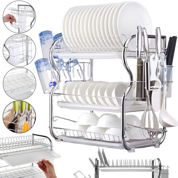 Потрійна сушарка для посуду настільна з нержавіючої сталі ∙ Сушка-органайзер для посуду, приборів і чашок - мініатюра 3