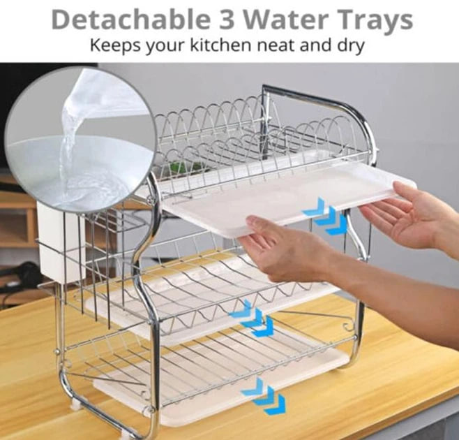 Потрійна сушарка для посуду настільна з нержавіючої сталі ∙ Сушка-органайзер для посуду, приборів і чашок - мініатюра 4