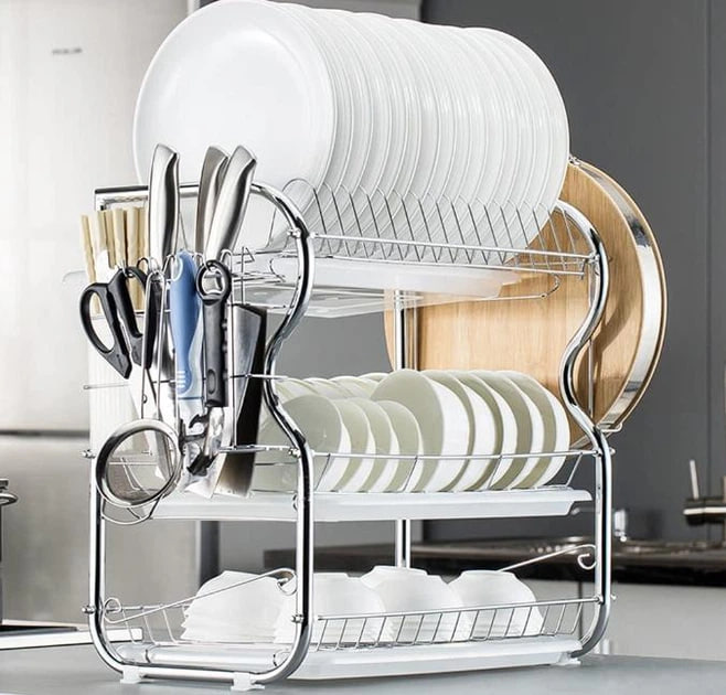 Потрійна сушарка для посуду настільна з нержавіючої сталі ∙ Сушка-органайзер для посуду, приборів і чашок - мініатюра 5