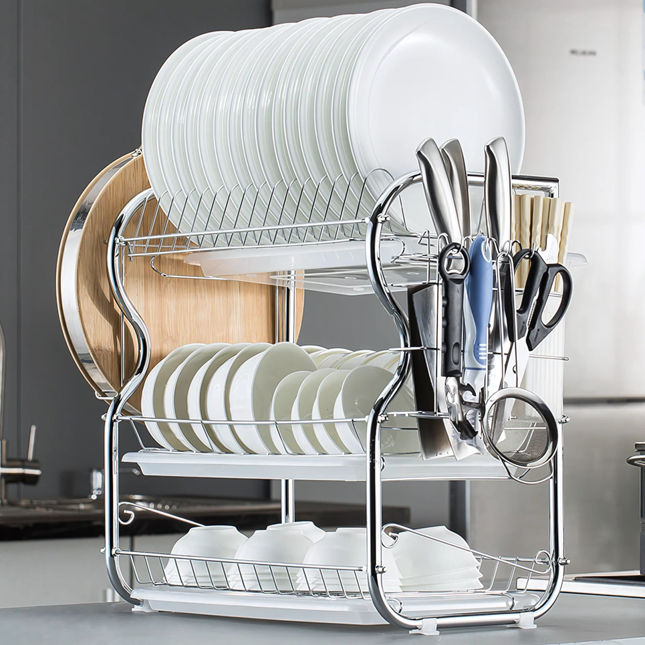Потрійна сушарка для посуду настільна з нержавіючої сталі ∙ Сушка-органайзер для посуду, приборів і чашок - мініатюра 7