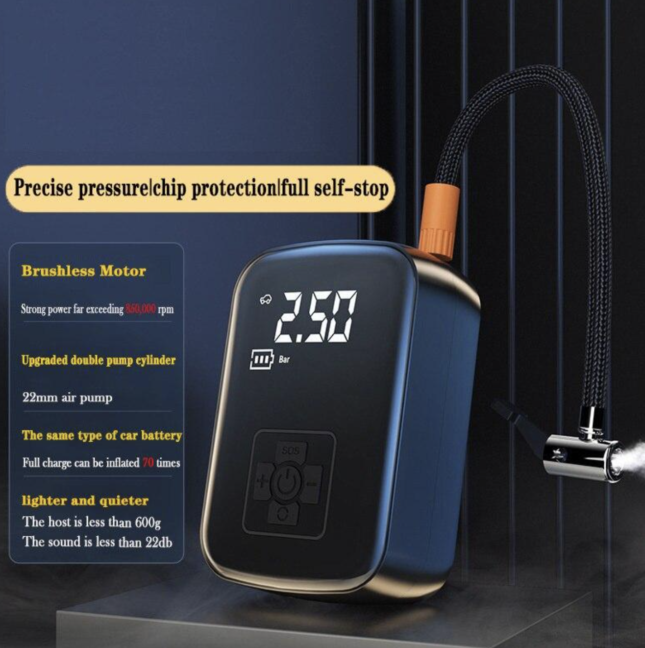Портативний акумуляторний компресор з дисплеєм та ліхтариком ∙ Насос для шин автомобіля мотоцикла і велосипеда з цифровим дисплеєм - мініатюра 3