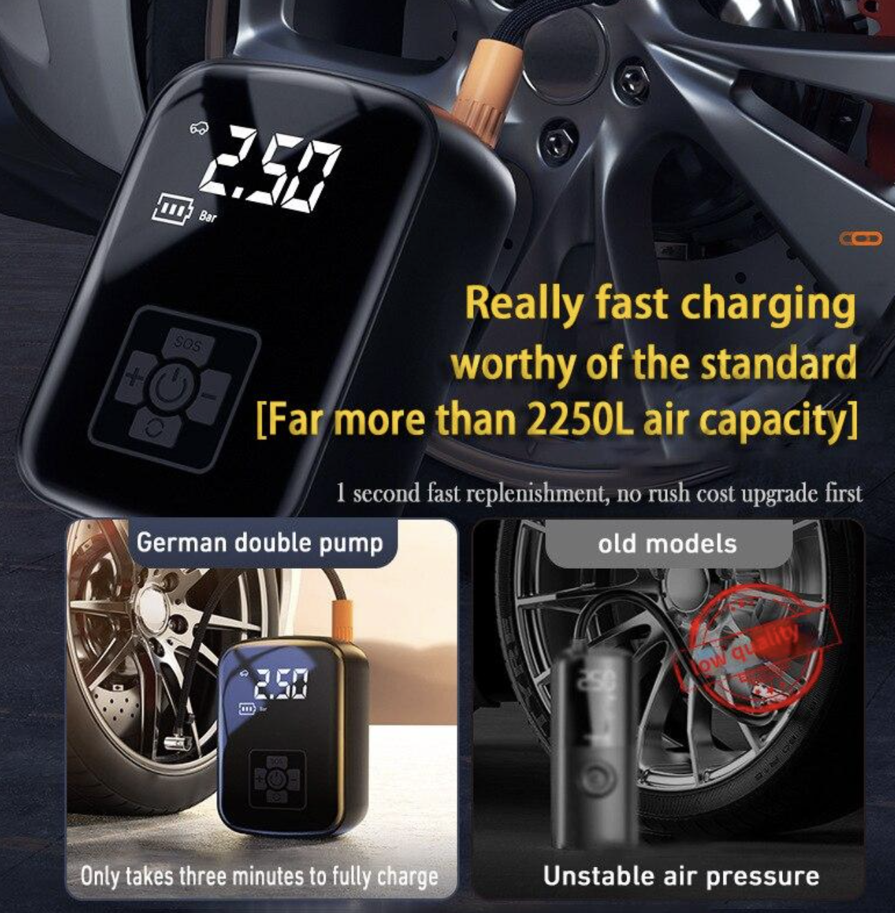 Портативний акумуляторний компресор з дисплеєм та ліхтариком ∙ Насос для шин автомобіля мотоцикла і велосипеда з цифровим дисплеєм - мініатюра 4