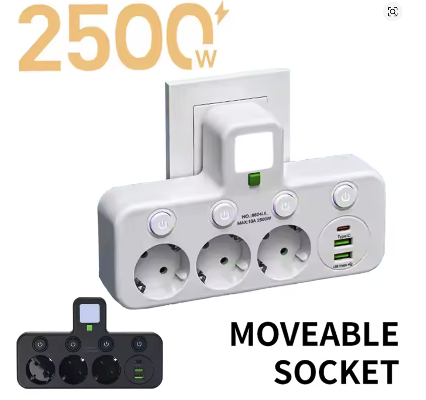 Універсальний перехідник HG-276 2500 Вт з 3 розетками ∙ Трійник з 2 USB + Type C Gtop HG-276 мережевий фільтр з підсвіткою - мініатюра 6