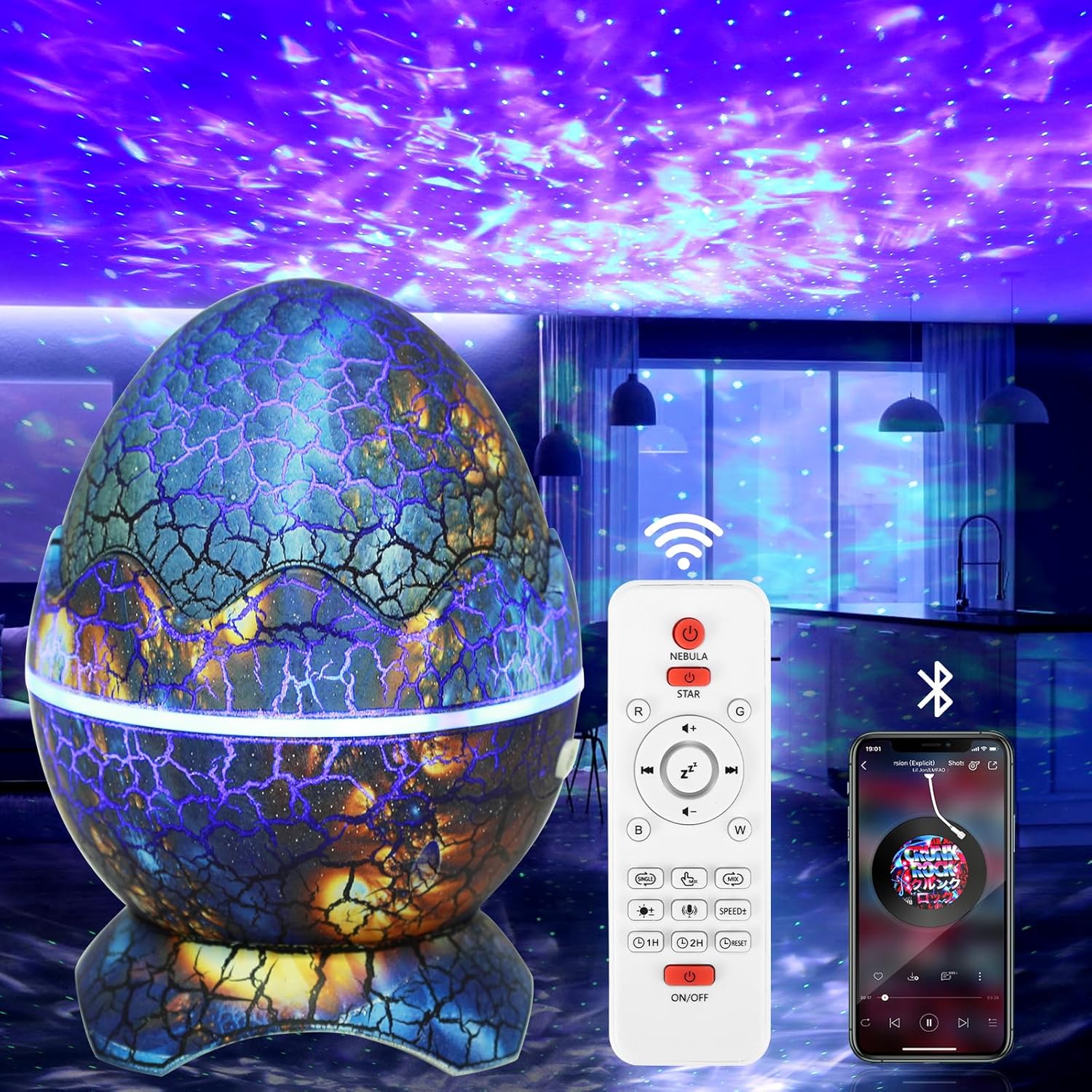 Проектор-нічник Яйце Динозавра з Bluetooth-колонкою та світловими ефектами ∙ Нічник-проектор Яйце Динозавра на підставці з пультом - мініатюра 11