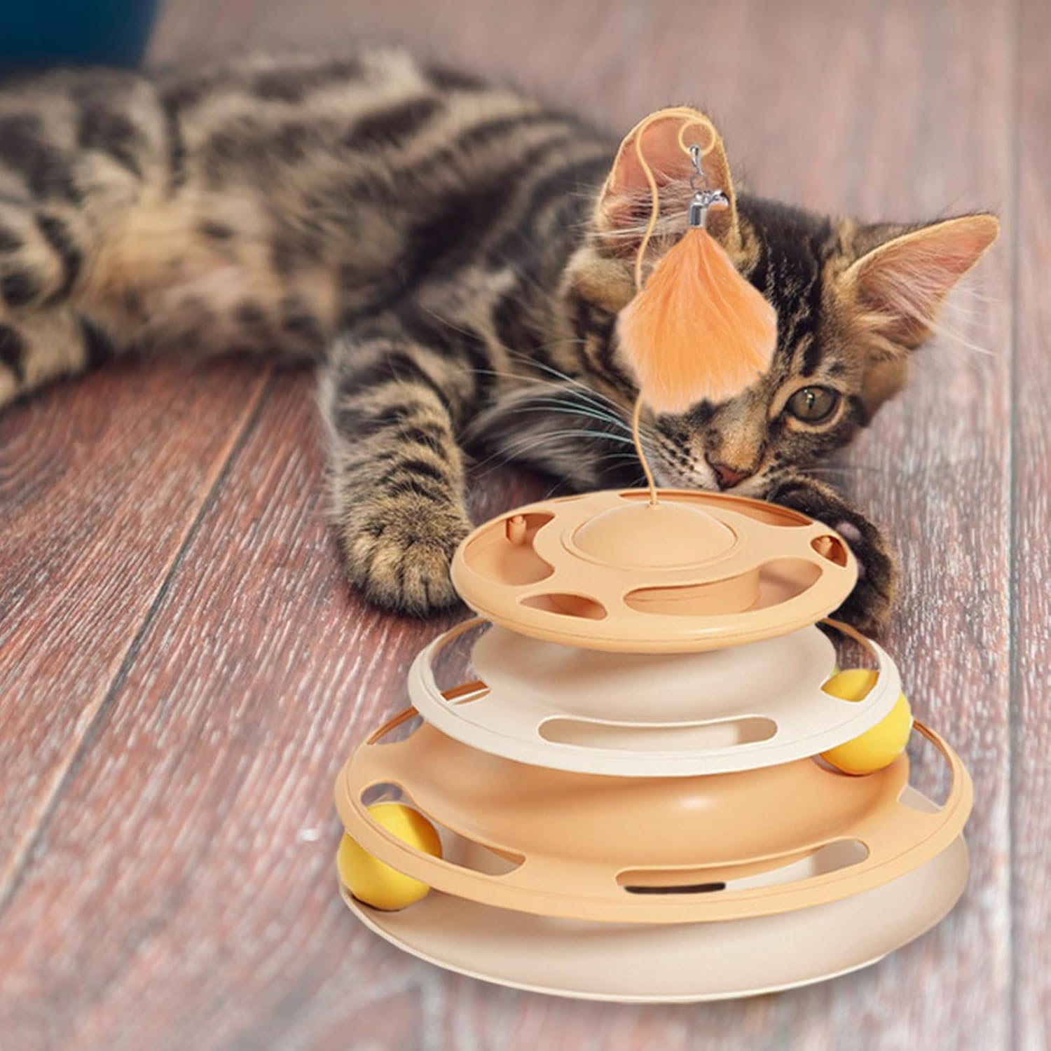 Ігровий трек для кішок 4 рівні з м'ячами та пером на пружині ∙ Інтерактивна іграшка для котів - мініатюра 9