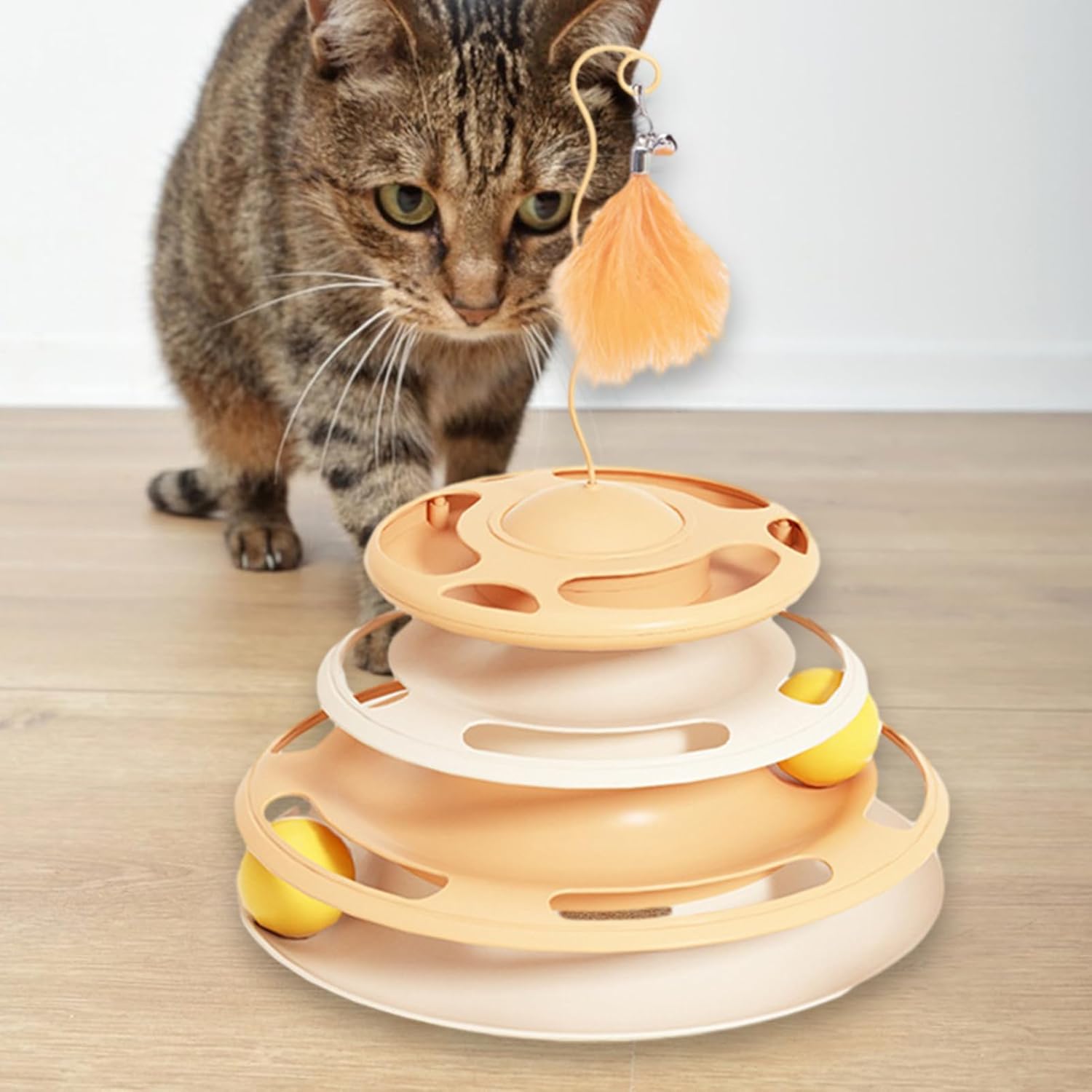 Ігровий трек для кішок 4 рівні з м'ячами та пером на пружині ∙ Інтерактивна іграшка для котів - мініатюра 11